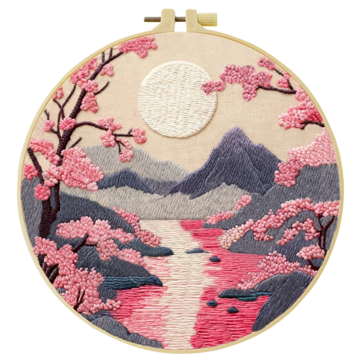 Handmade Cherry Blossom Landscape Embroidery Hoop Wall Art – Serene Mountain River Decor