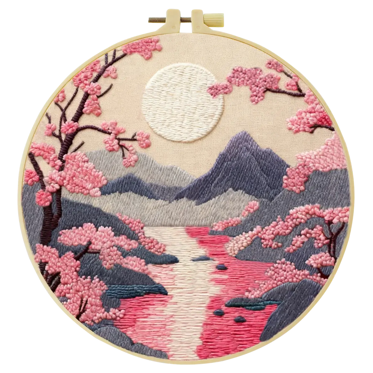 Handmade Cherry Blossom Landscape Embroidery Hoop Wall Art – Serene Mountain River Decor Kits For Stitchers