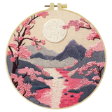 Handmade Cherry Blossom Landscape Embroidery Hoop Wall Art – Serene Mountain River Decor Kits For Stitchers