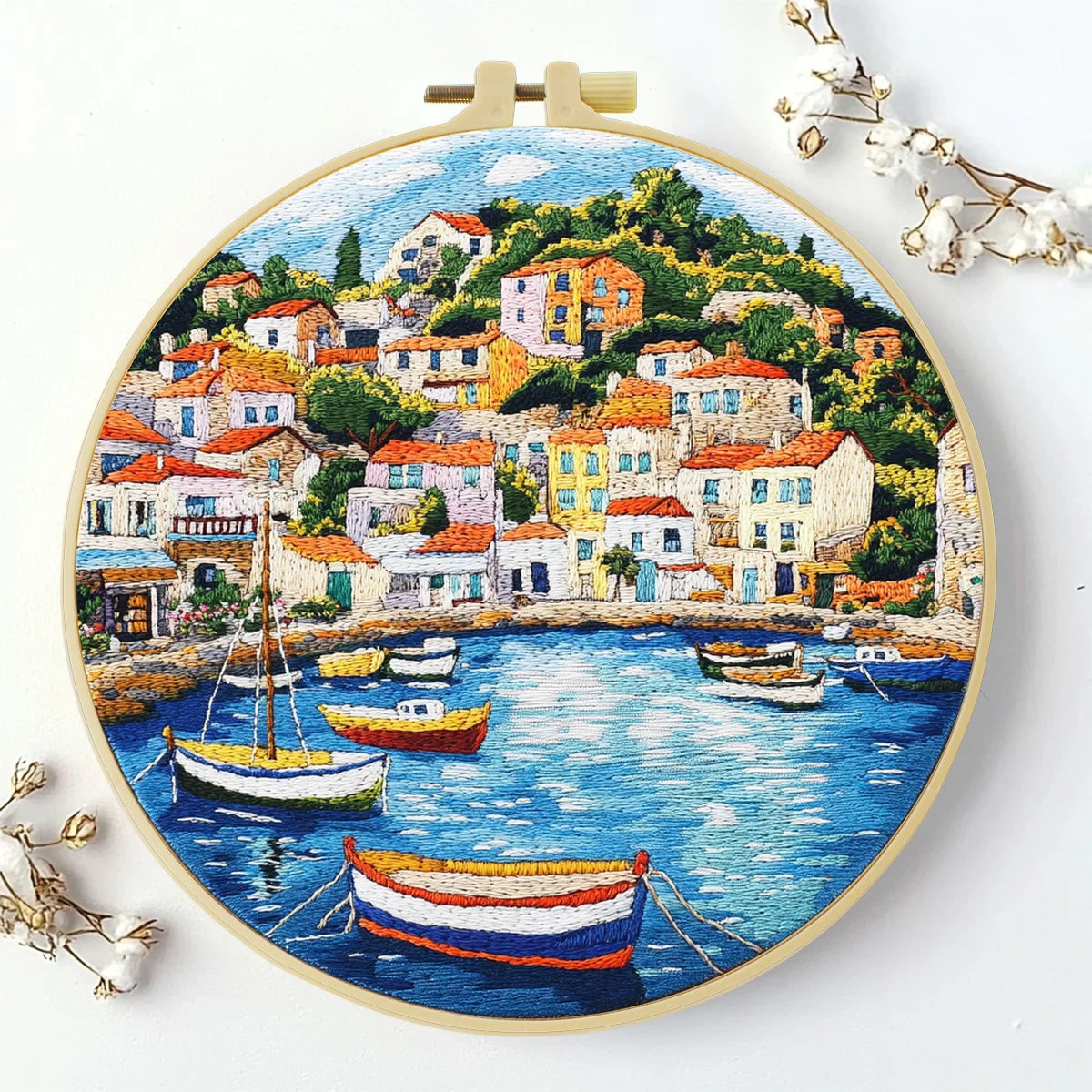 Mediterranean Coastal Village Embroidery Kit for Adults – Colorful Harbor Landscape DIY Hand Embroidery Hoop Art Travel Decor Gift