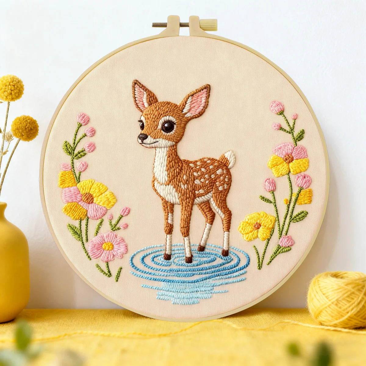 Cute Baby Deer Embroidery Kit – Woodland Fawn DIY Sewing Craft, Floral Nursery Hoop Wall Art Decor