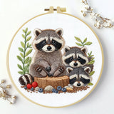Cute Raccoon Family Embroidery Kit – Woodland Animal DIY Hand Embroidery Hoop Art, Forest Nursery Wall Decor Craft Kit