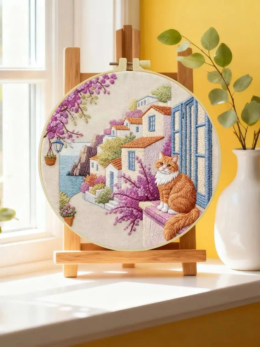 Mediterranean Cat Village Embroidery Kit – Scenic Coastal DIY Hand Embroidery Hoop Art Set