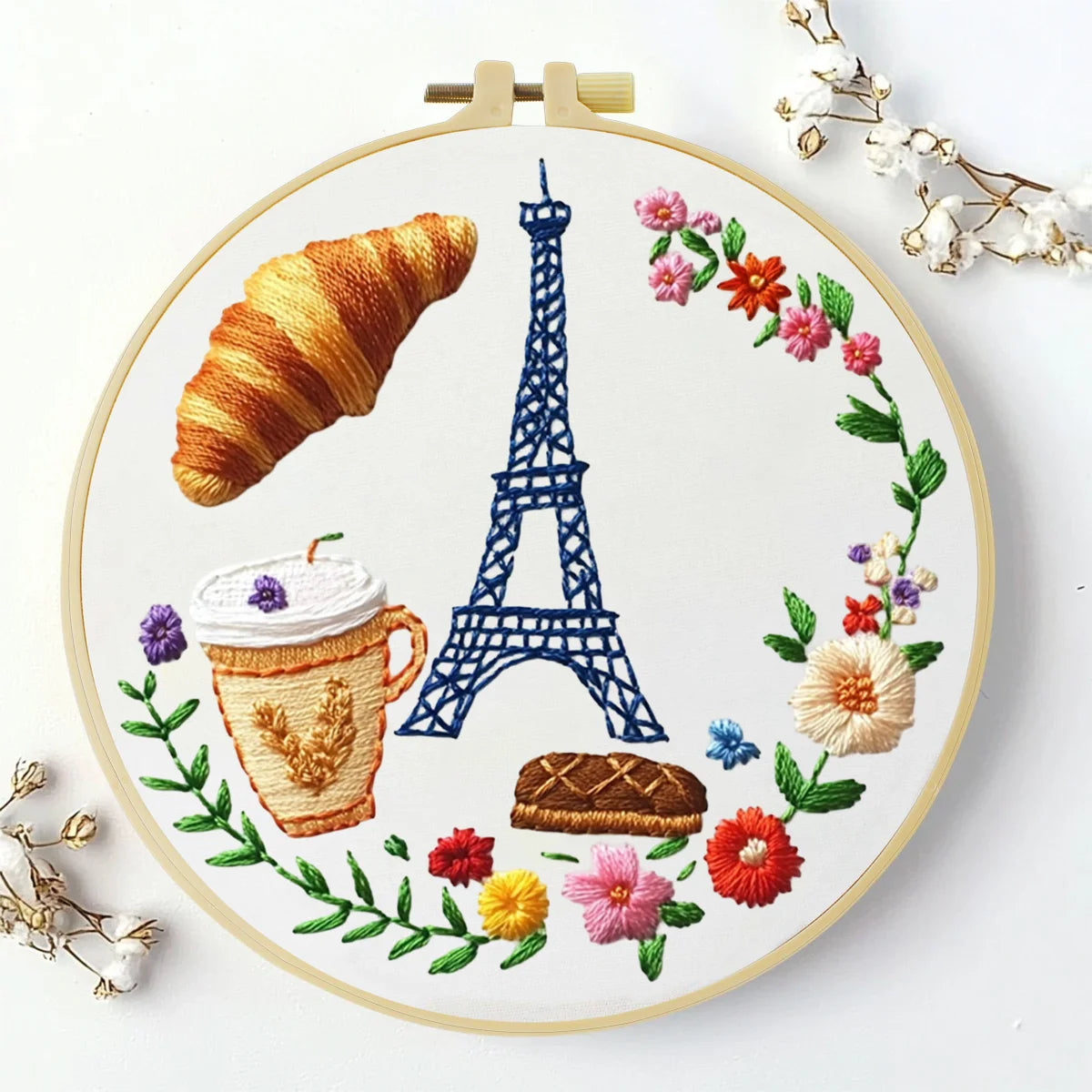 Paris Café Embroidery Starter Kit – DIY Eiffel Tower & Pastry Sewing Art Set for Beginners