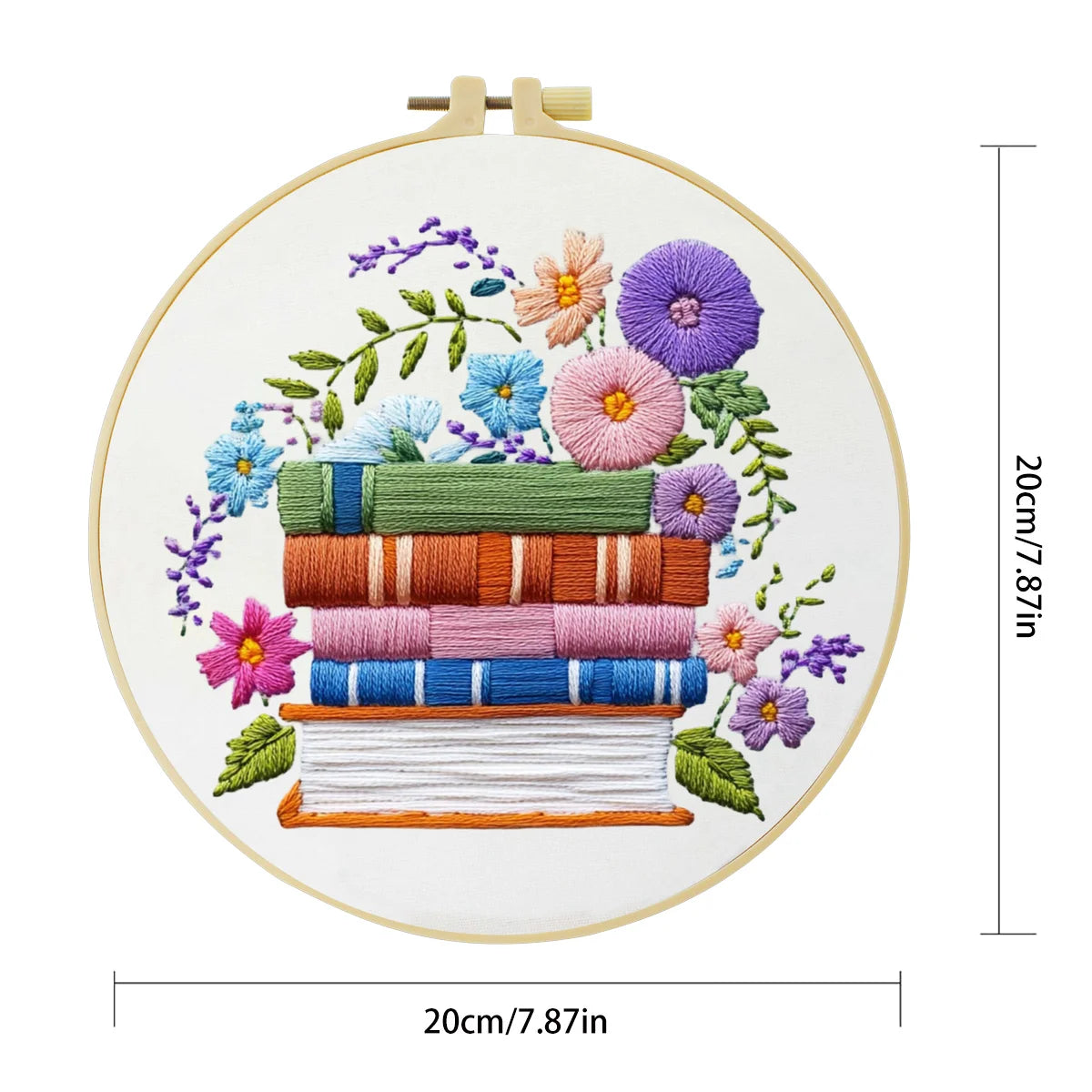 Handmade Floral Book Stack Embroidery Hoop Wall Art – Colorful Literary Cottagecore Decor
