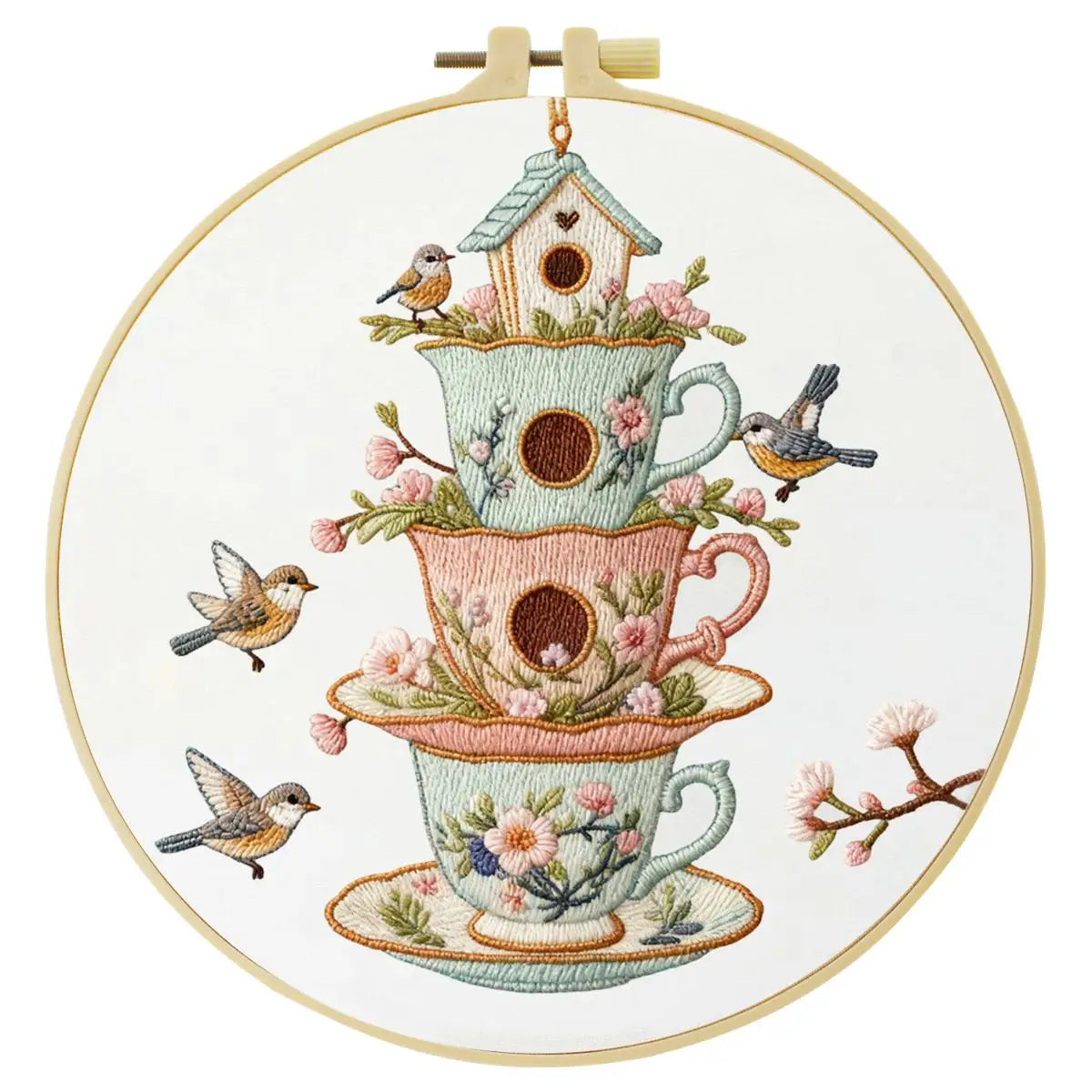 Vintage Teacup Birdhouse Embroidery Kit – Floral Birds DIY Hand Embroidery Hoop Art Set