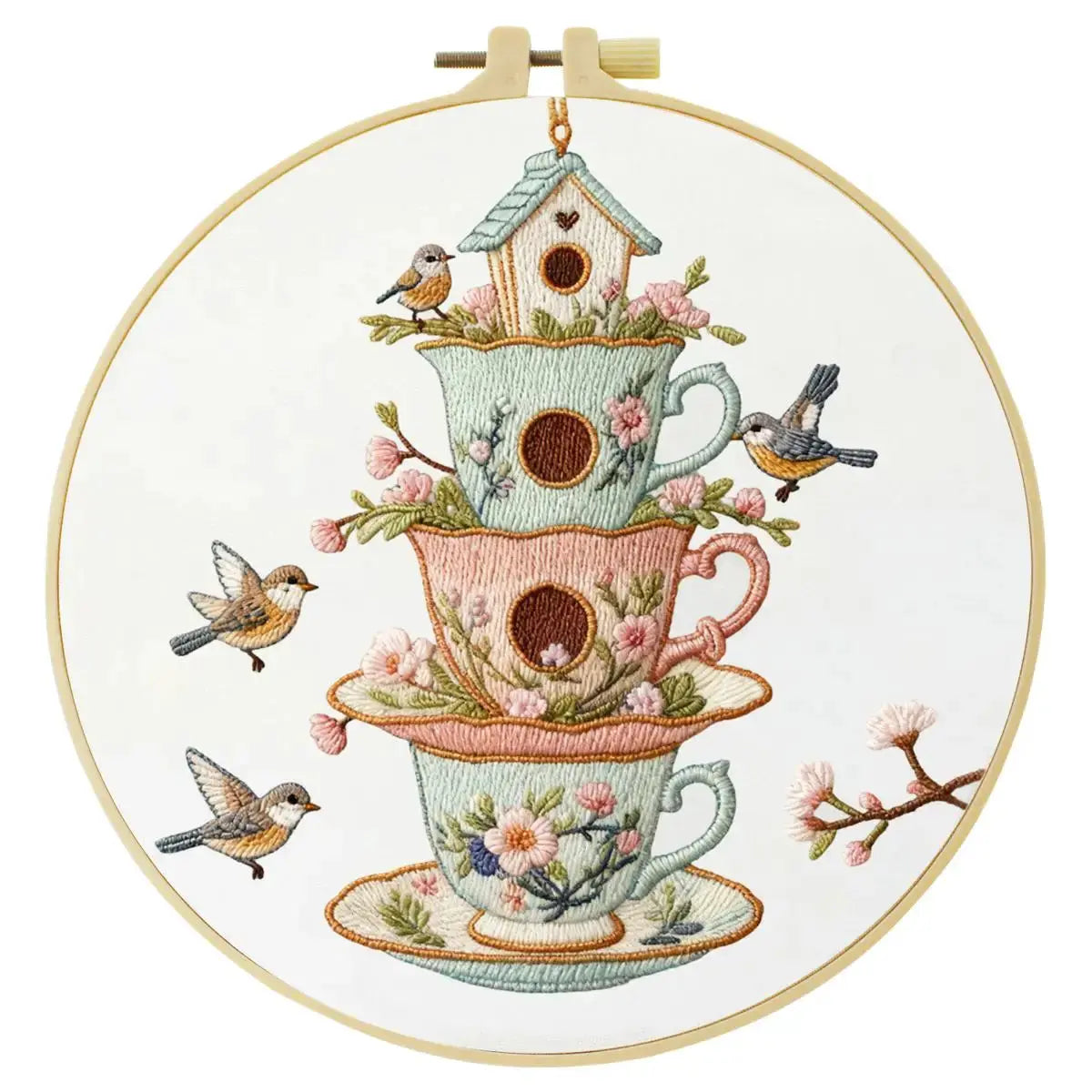 Vintage Teacup Birdhouse Embroidery Kit – Floral Birds DIY Hand Embroidery Hoop Art Set Kits For Stitchers