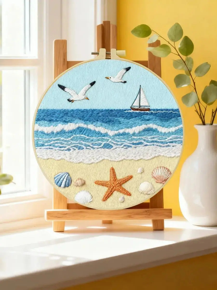 Coastal Beach Embroidery Kit – Ocean Waves, Seagulls & Seashells DIY Needlepoint Hoop Art Nautical Seaside Decor Craft Gift for Adults Kits For Stitchers