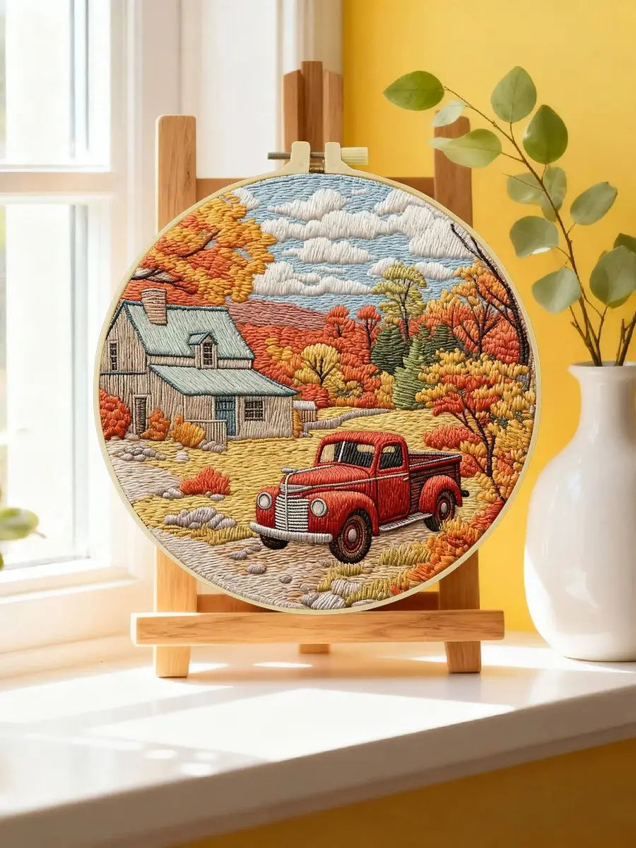 Autumn Farmhouse Embroidery Kit – Vintage Red Truck Fall Landscape DIY Sewing Craft, Rustic Country Wall Art Decor