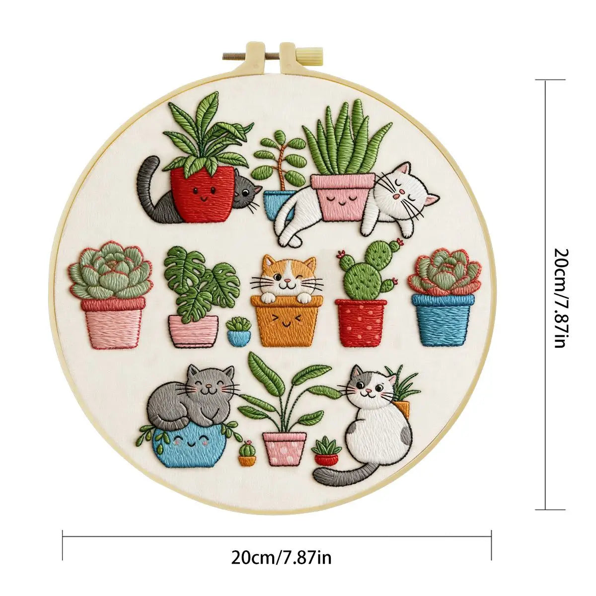Cute Cats & Plants Embroidery Kit for Beginners – DIY Kawaii Hand Embroidery Hoop Set