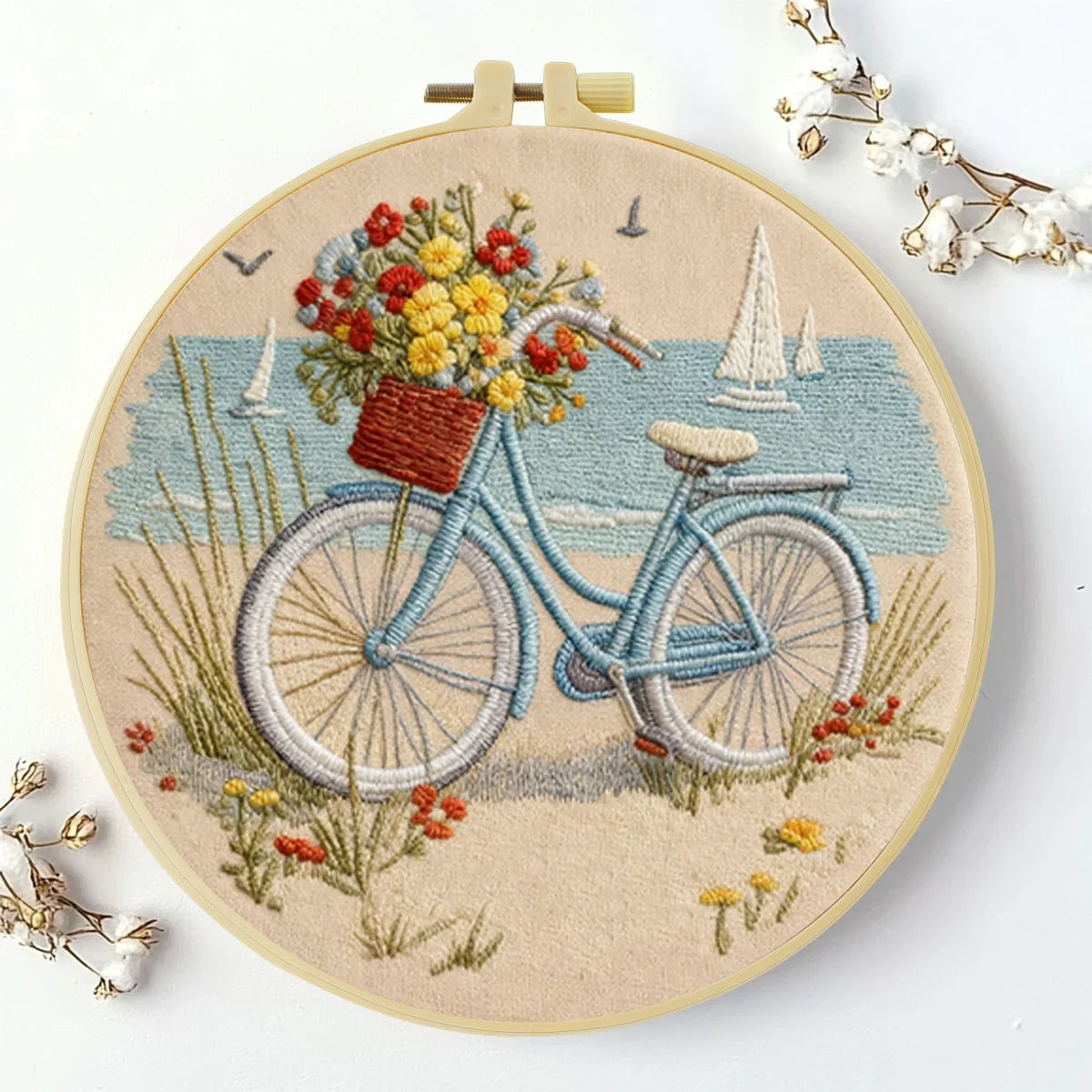 Handmade Beach Bicycle Embroidery Hoop Wall Art – Coastal Floral Bike Cottage Decor