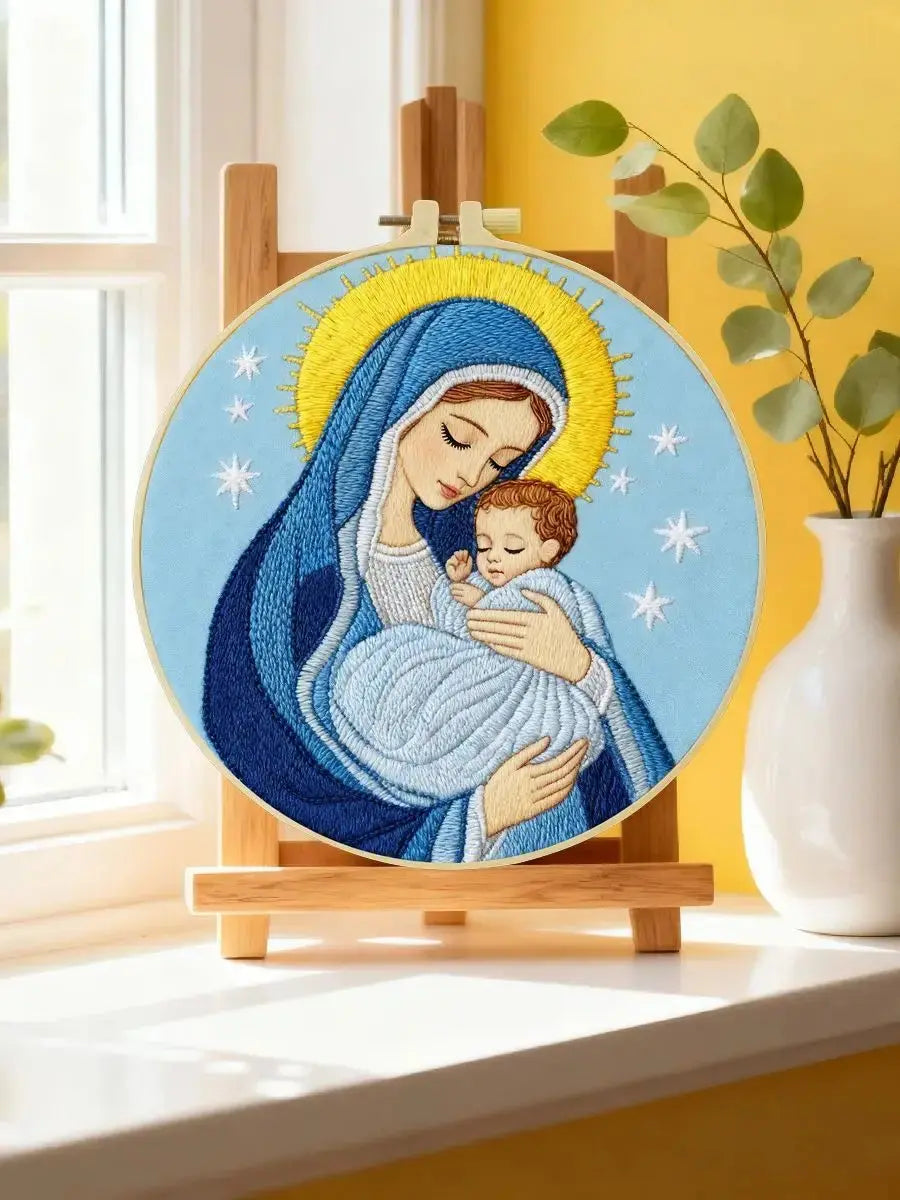 Virgin Mary & Baby Jesus Embroidery Starter Kit DIY – Beginner Religious Hand Embroidery Kit with Sacred Art Design Kits For Stitchers