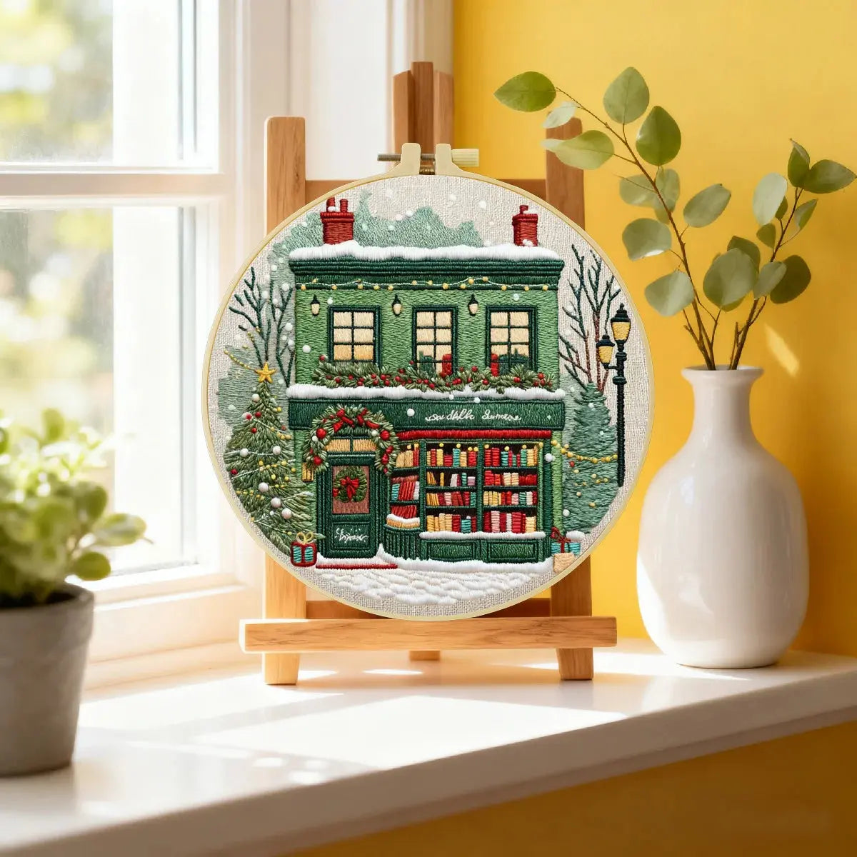 Christmas Bookstore Embroidery Kit – DIY Winter Holiday Village Sewing Craft Set, Festive Snowy Shop Wall Art Decor Kits For Stitchers