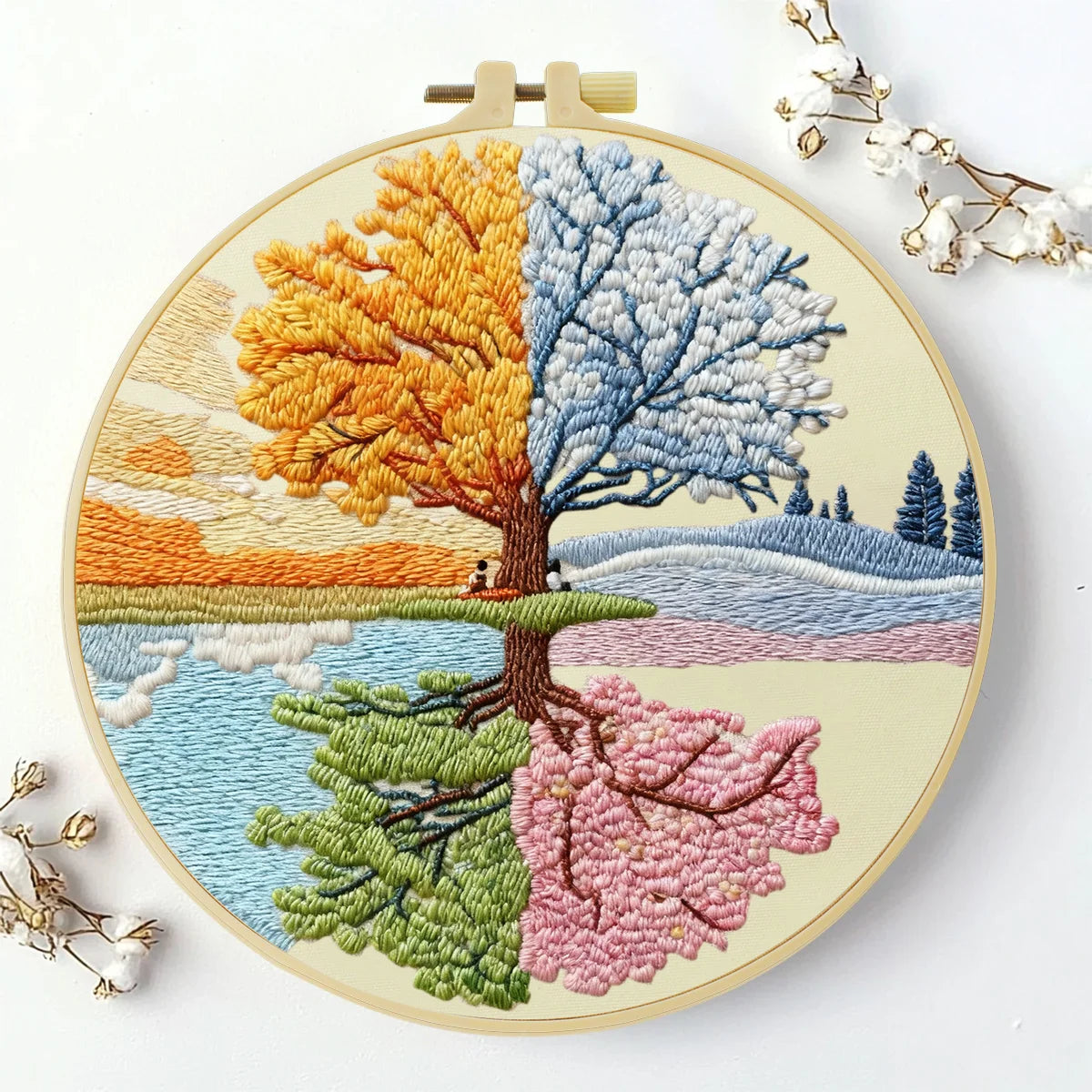 Four Seasons Tree Embroidery Kit – Spring Summer Autumn Winter Landscape DIY Hand Embroidery Hoop Art, Nature Wall Decor Craft K