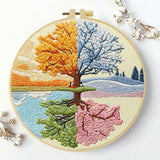 Four Seasons Tree Embroidery Kit – Spring Summer Autumn Winter Landscape DIY Hand Embroidery Hoop Art, Nature Wall Decor Craft K