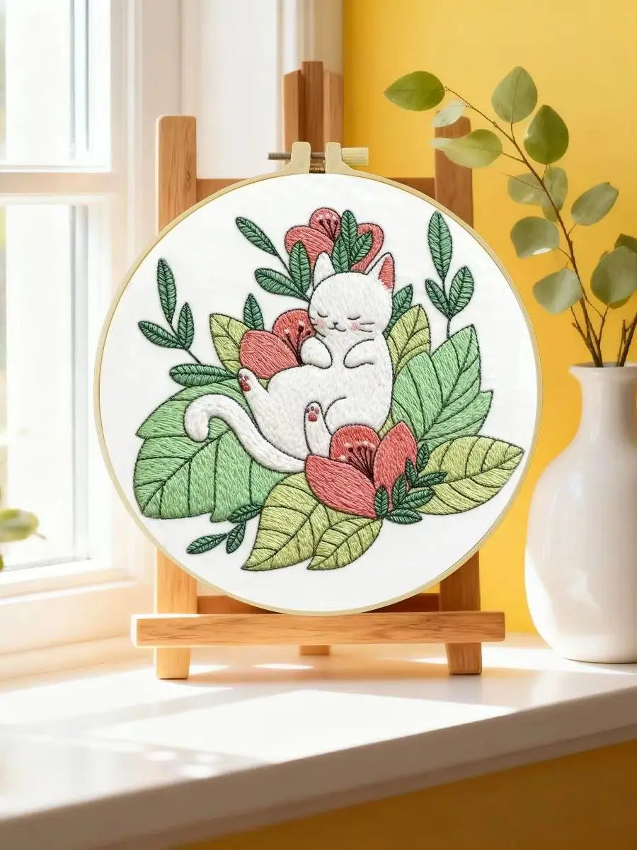 Sleeping White Cat Embroidery Kit for Beginners – DIY Floral Hand Embroidery Hoop Set