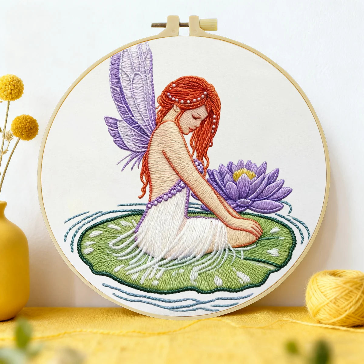 Fairy on Lily Pad Embroidery DIY Kit – Fantasy Beginner Stitching Kit with Hoop, Pattern & Threads