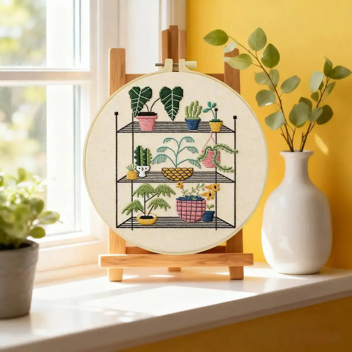 Indoor Plant Shelf Embroidery Kit – Cozy Houseplants DIY Hand Embroidery Hoop Art Set Kits For Stitchers