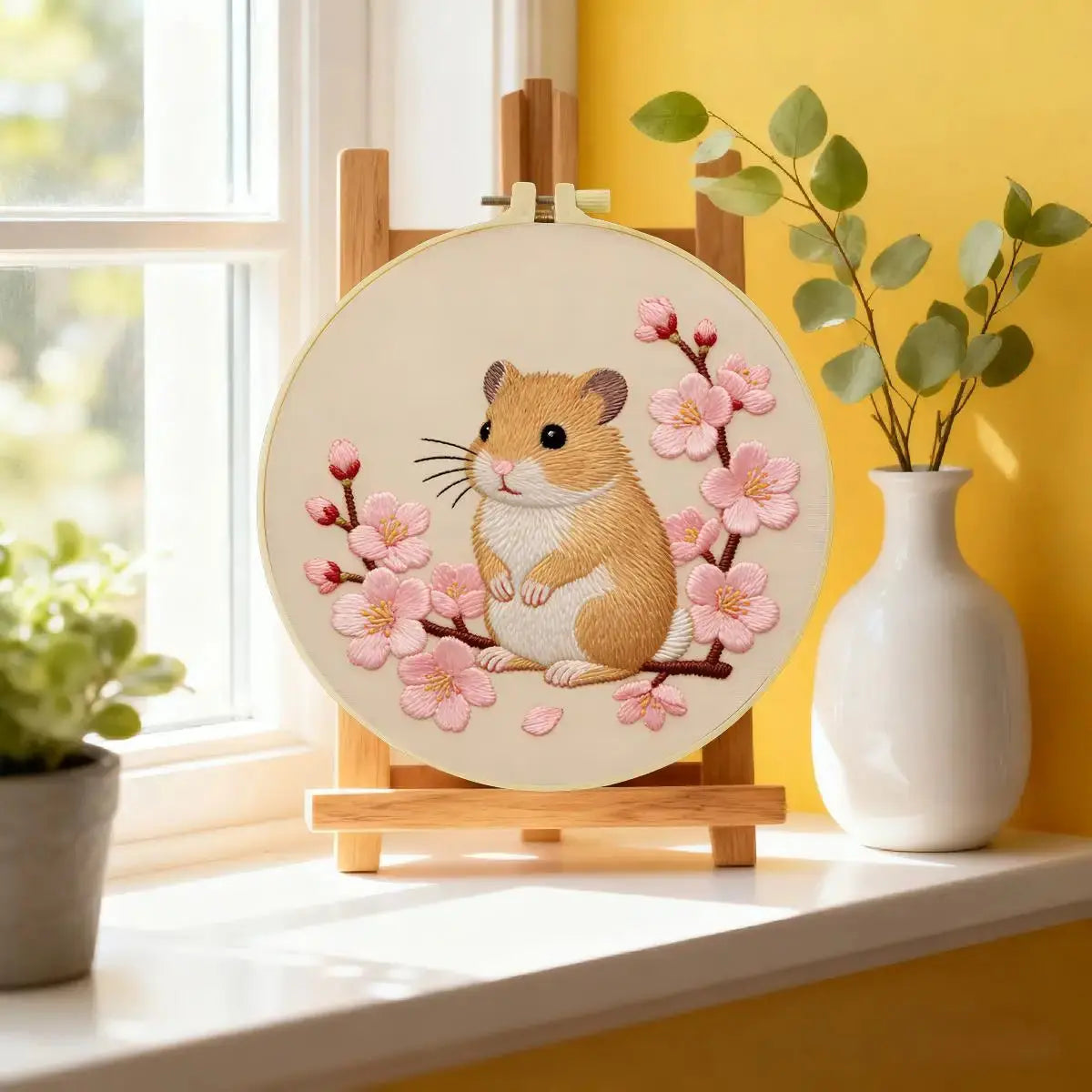 Cherry Blossom Hamster Embroidery Kit โ Cute Spring Floral Animal Design Kits For Stitchers