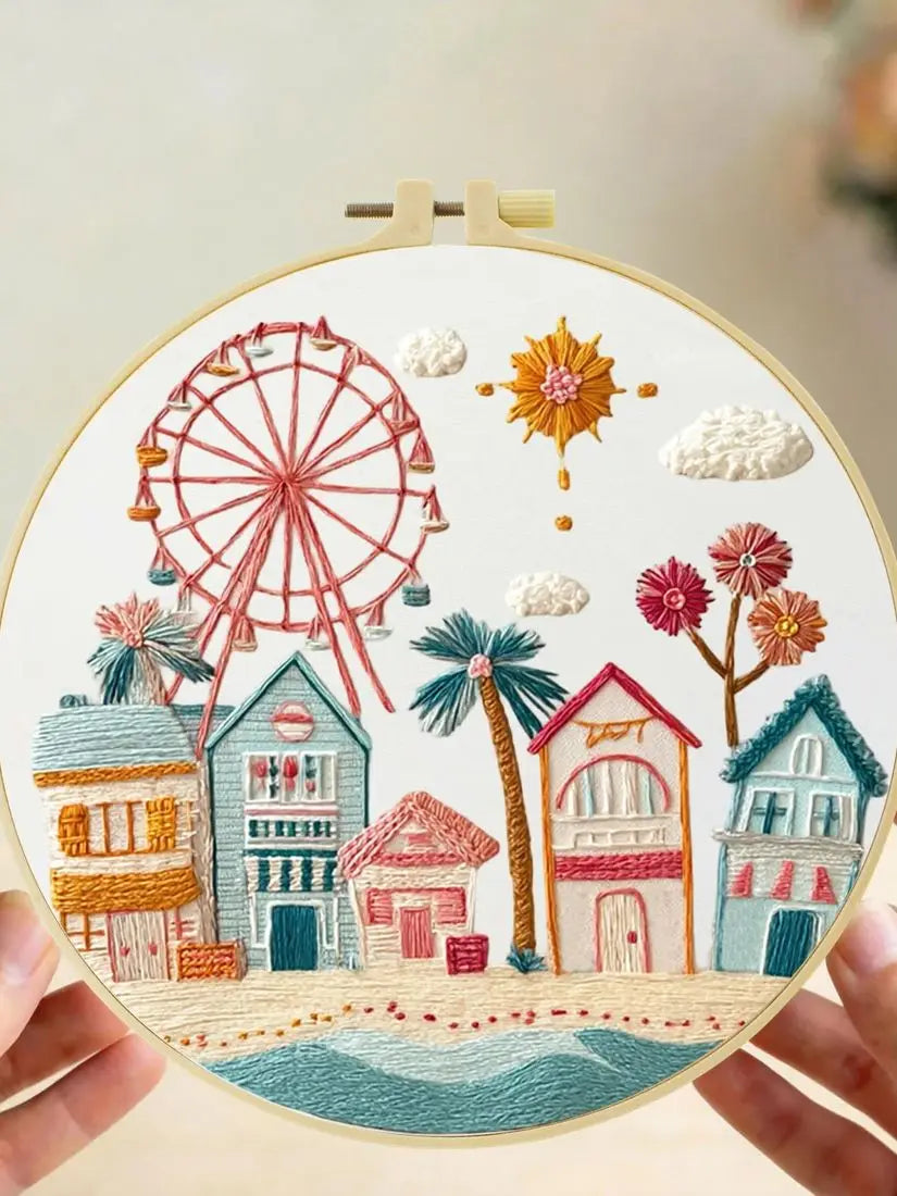 Whimsical Coastal Village Embroidery Kit – Pastel Beach Town & Ferris Wheel Needlepoint Pattern with Seaside Charm