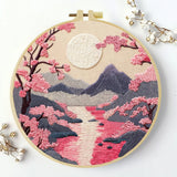 Handmade Cherry Blossom Landscape Embroidery Hoop Wall Art – Serene Mountain River Decor
