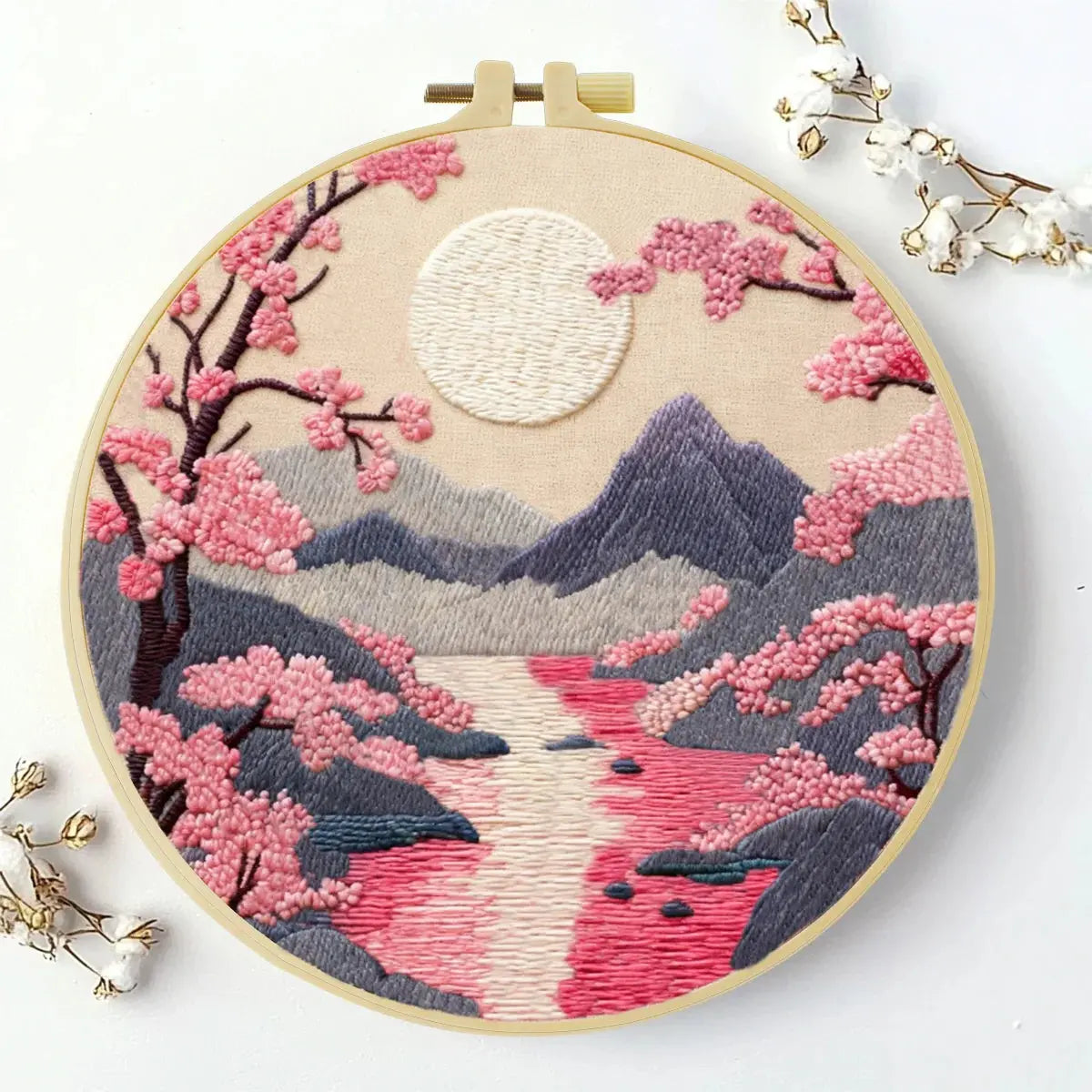 Handmade Cherry Blossom Landscape Embroidery Hoop Wall Art – Serene Mountain River Decor Kits For Stitchers