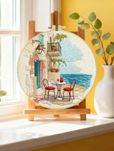 Mediterranean Seaside Café Embroidery Kit – Coastal European Street DIY Needlepoint Hoop Art Relaxing Vacation Decor Craft Gift