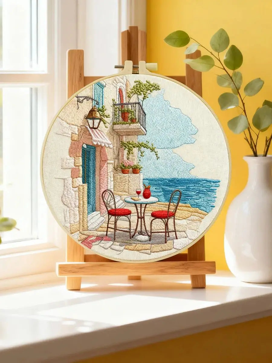 Mediterranean Seaside Café Embroidery Kit – Coastal European Street DIY Needlepoint Hoop Art Relaxing Vacation Decor Craft Gift