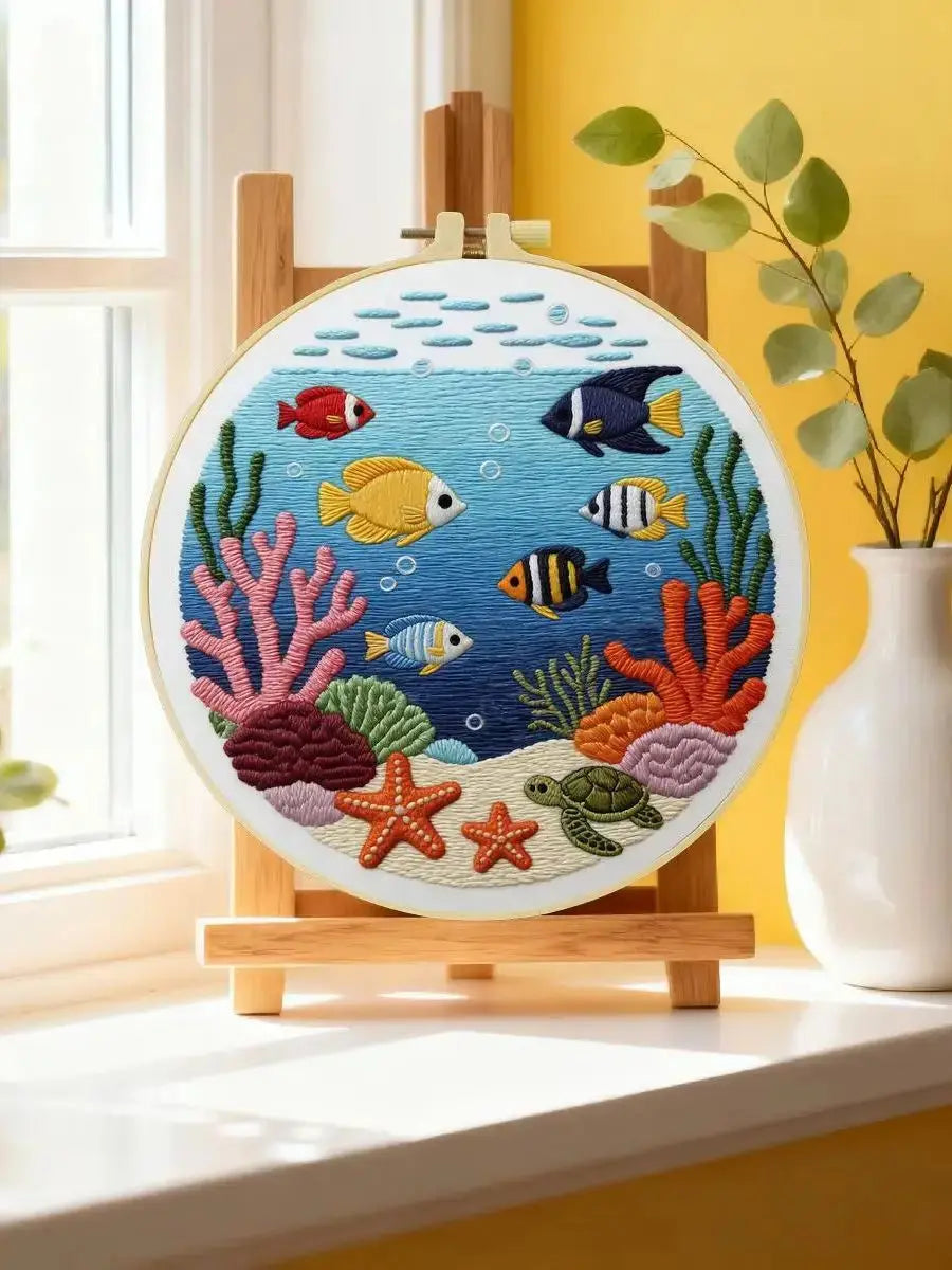Ocean Life Embroidery Kit – Tropical Fish & Sea Turtle DIY Hand Embroidery Hoop Art Set Kits For Stitchers