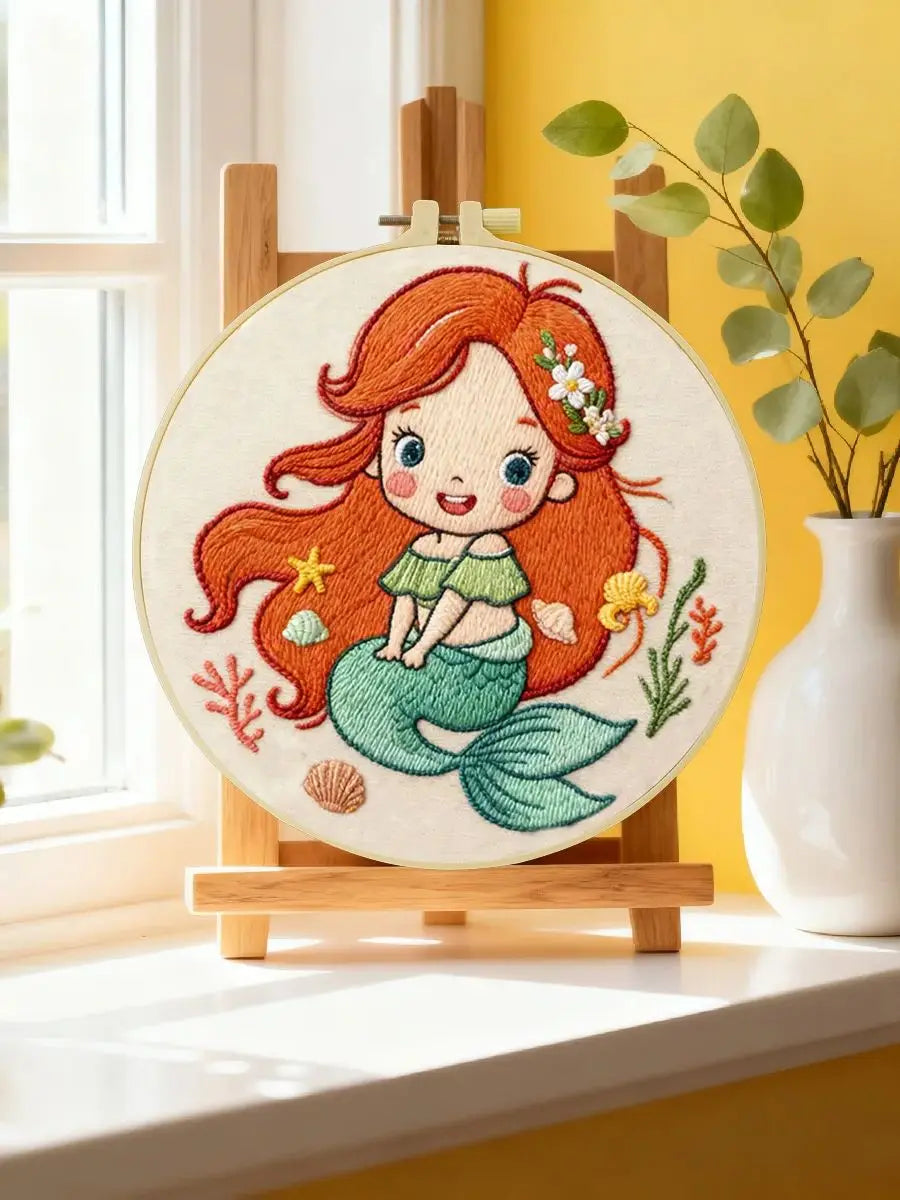 Cute Mermaid Girl Embroidery Starter Kit DIY – Beginner Cartoon Ocean Hand Embroidery Kit