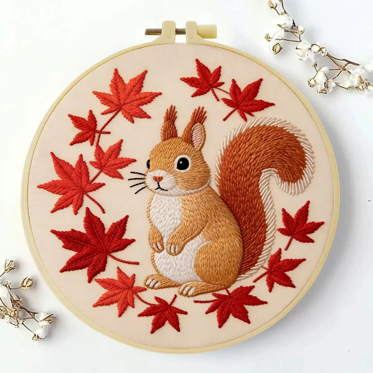 Autumn Squirrel Embroidery Kit โ Cute Woodland Maple Leaf Design Kits For Stitchers