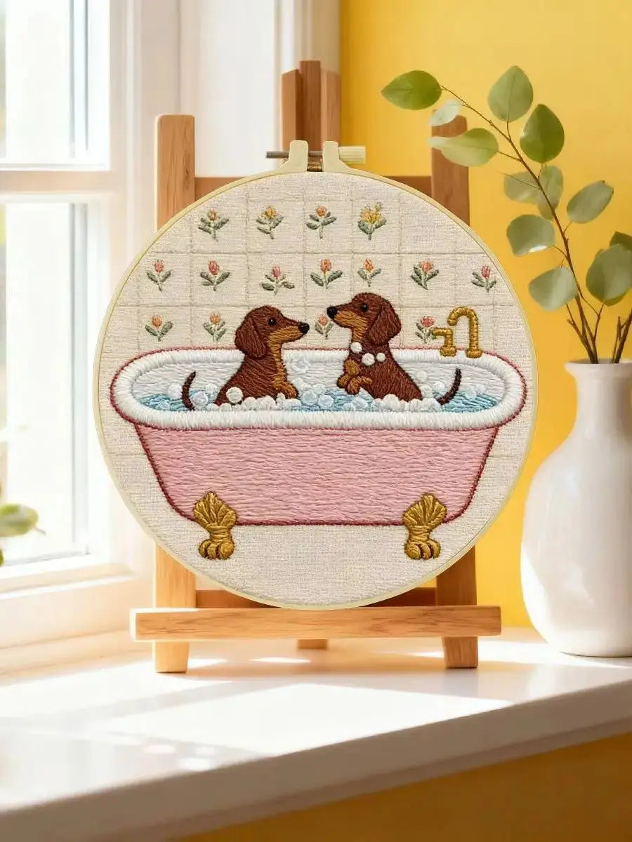 Dachshund Bath Time Embroidery Kit – Cute Sausage Dog DIY Hand Embroidery Hoop Art Set 🛁🐾 Kits For Stitchers