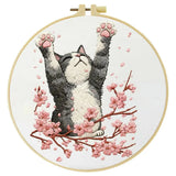 Stretching Cat Embroidery Kit – Cherry Blossom Kitty DIY Hand Embroidery Hoop Art Set Kits For Stitchers
