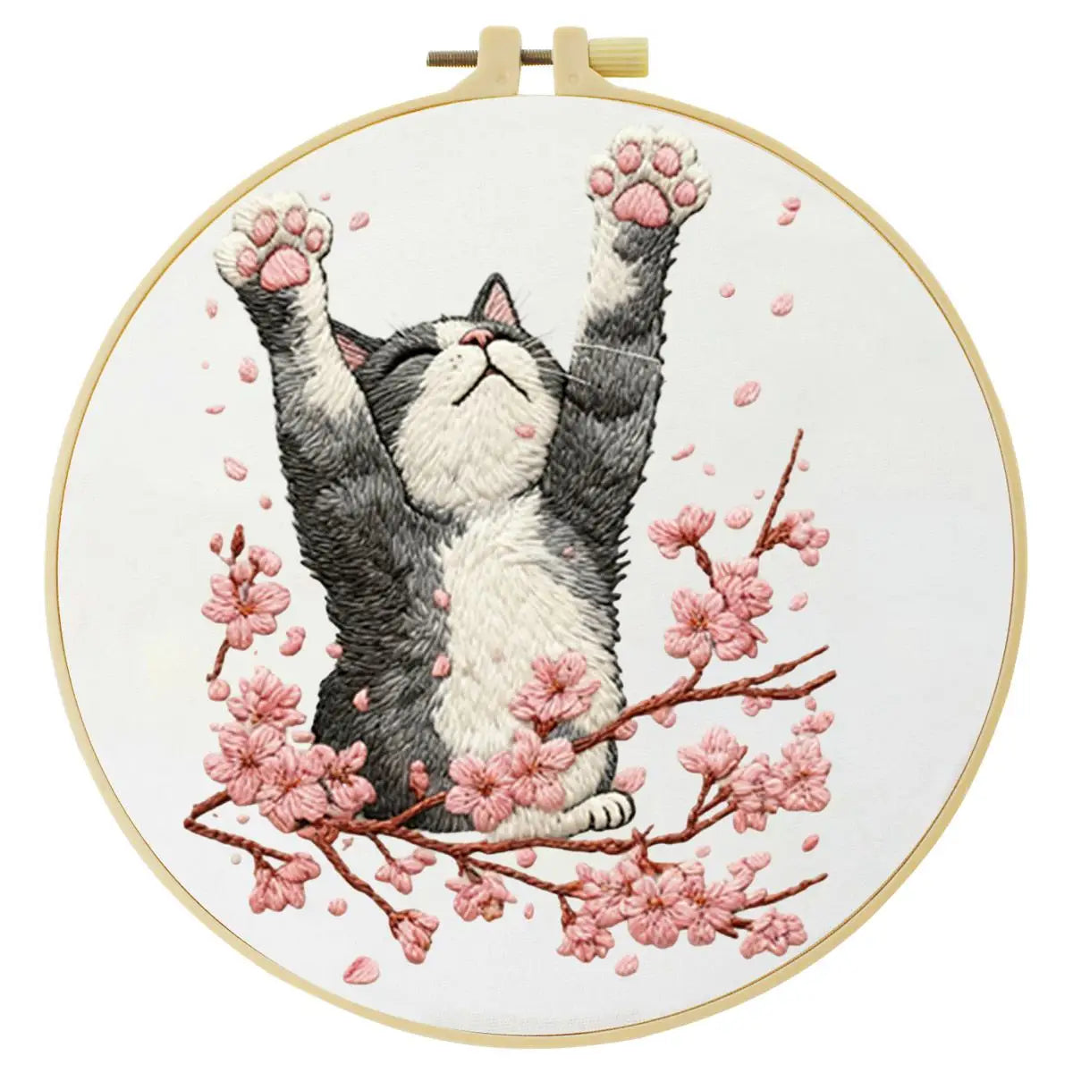 Stretching Cat Embroidery Kit – Cherry Blossom Kitty DIY Hand Embroidery Hoop Art Set