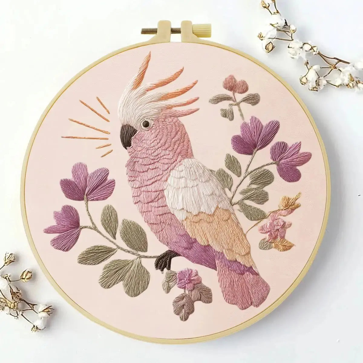 Pink Cockatoo Embroidery Kit – Floral Galah Parrot DIY Hand Embroidery Hoop Art Set Kits For Stitchers