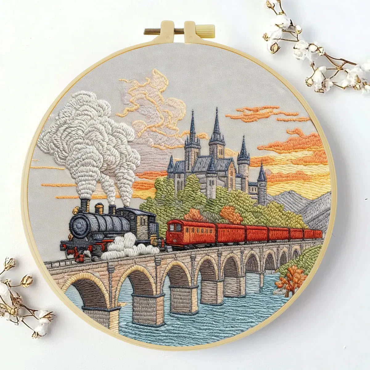 Vintage Steam Train Embroidery Starter Kit – DIY Scenic Landscape Sewing Art Set for Beginners Kits For Stitchers