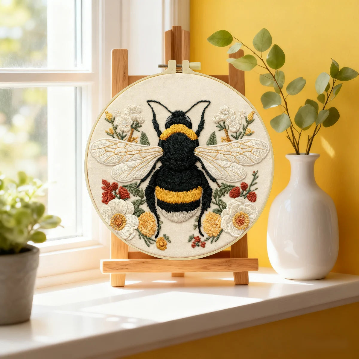 Bumble Bee Embroidery DIY Kit – Floral Insect Beginner Stitching Kit with Hoop, Pattern & Threads
