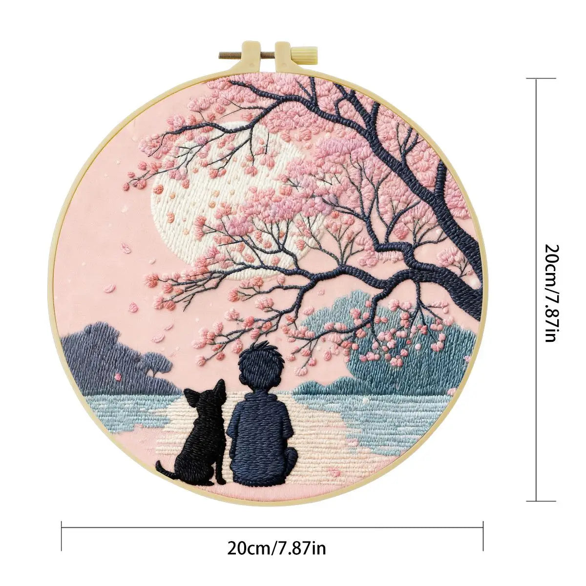 Cherry Blossom Moonlight Embroidery Kit – Peaceful Boy & Dog DIY Hand Embroidery Hoop Art Set