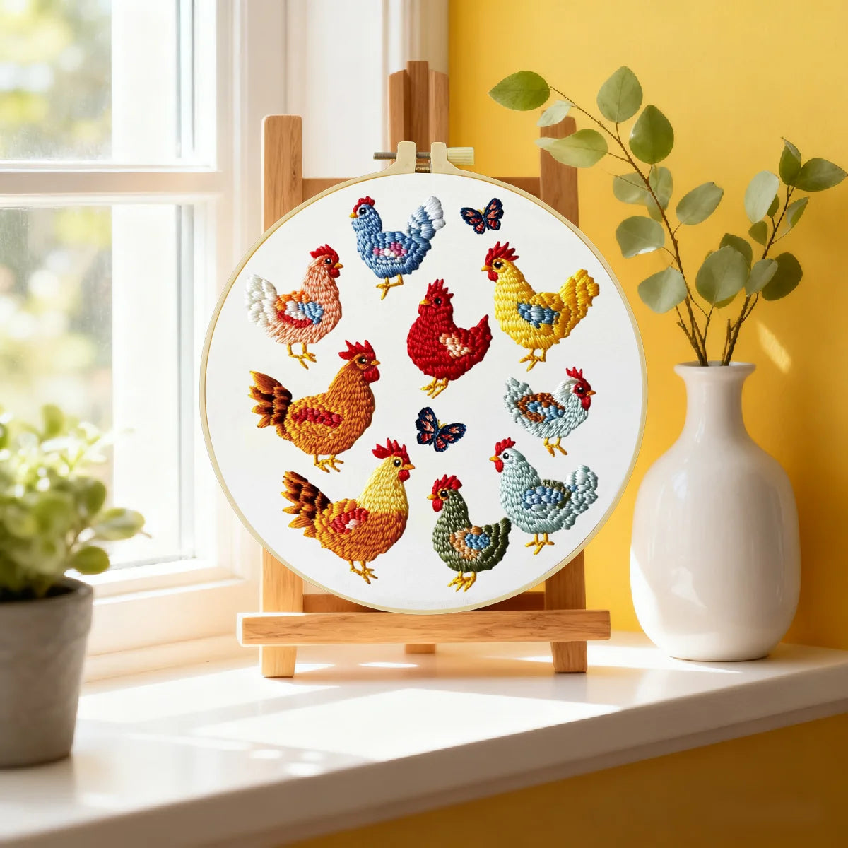 Colorful Chicken Embroidery Starter Kit – DIY Farm Animal Sewing Art Set for Beginners