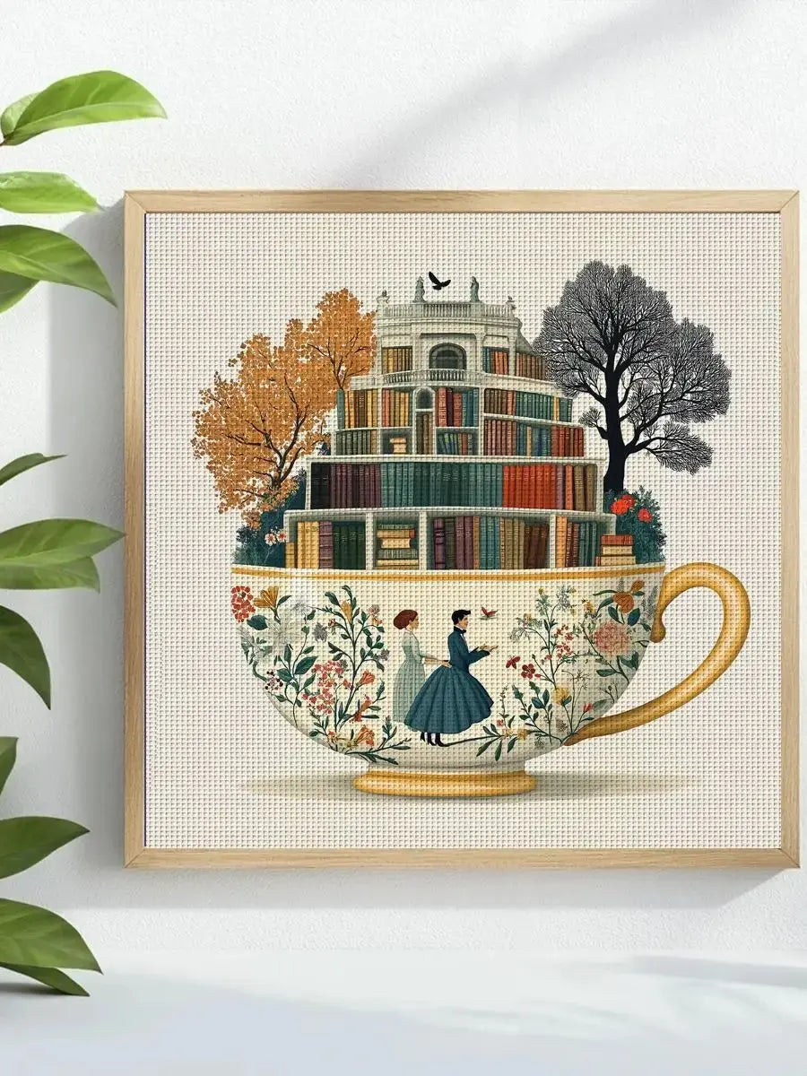 Enchanted Library Teacup Cross Stitch Kit 📚☕🌿✨ Kits For Stitchers