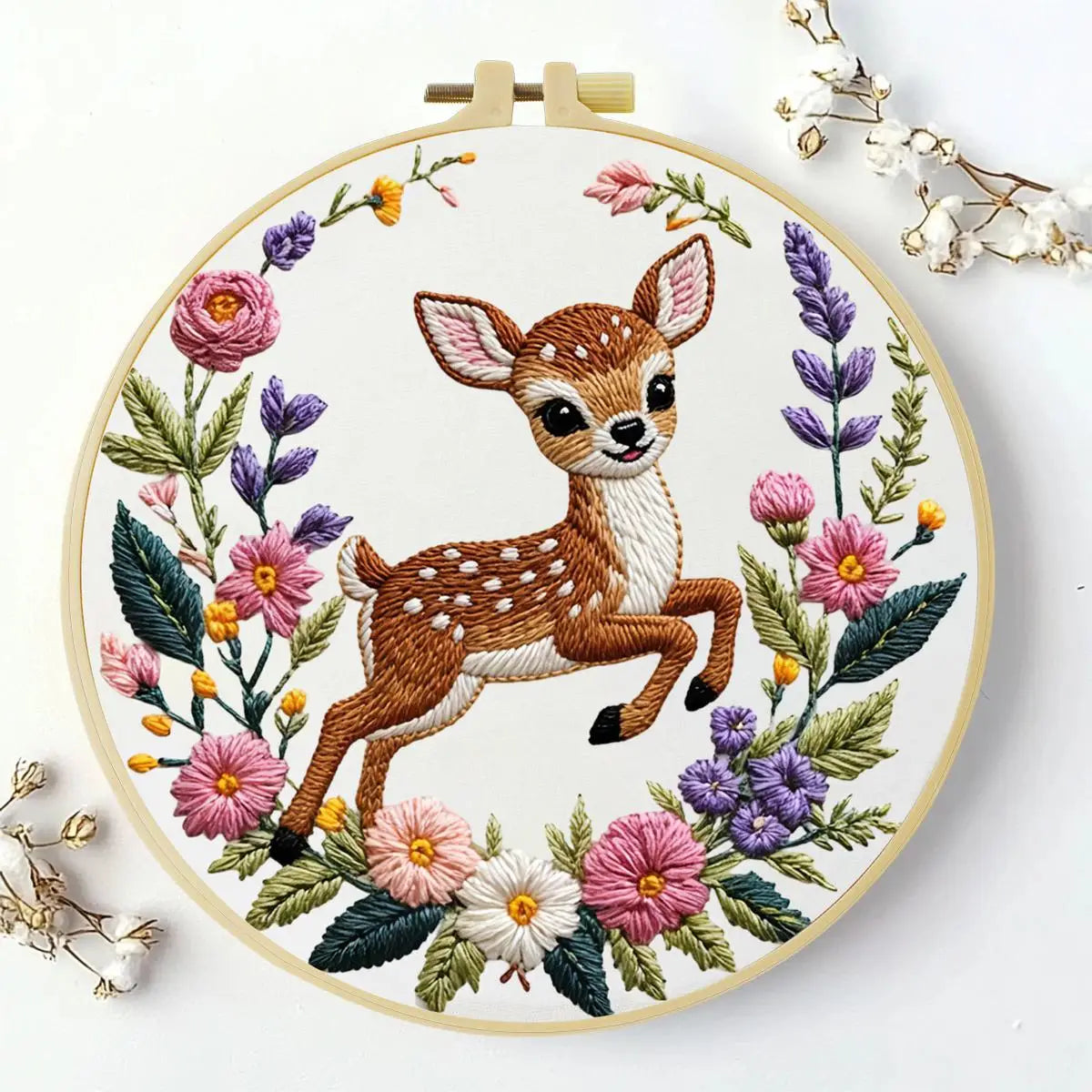 Cute Deer Embroidery Kit for Beginners – DIY Floral Hand Embroidery Hoop Set