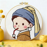 Cute Girl Drinking Coffee Embroidery Starter Kit DIY – Beginner Cartoon Hand Embroidery Kit