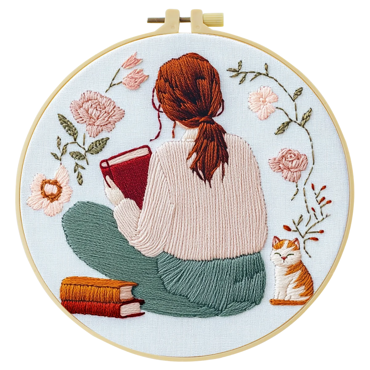 Cozy Reading Girl Embroidery Kit – Book Lover Floral DIY Stitch Pattern