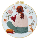 Cozy Reading Girl Embroidery Kit – Book Lover Floral DIY Stitch Pattern