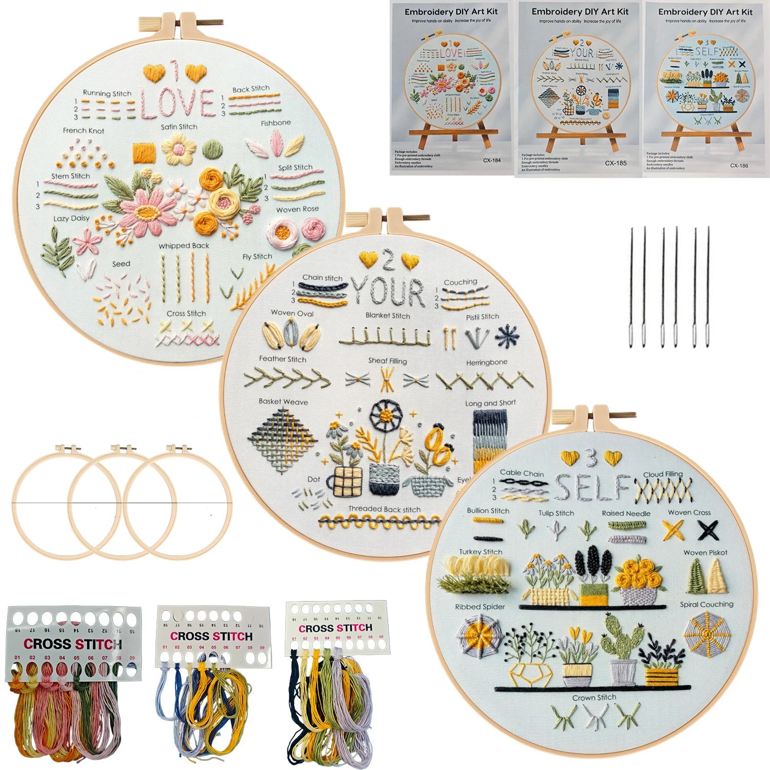3-Piece Beginner Embroidery Stitch Learning Kit Kits For Stitchers