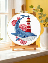 Whale & Lighthouse Embroidery DIY Kit – Nautical Ocean Animal Hand Stitching Craft with Hoop & Threads