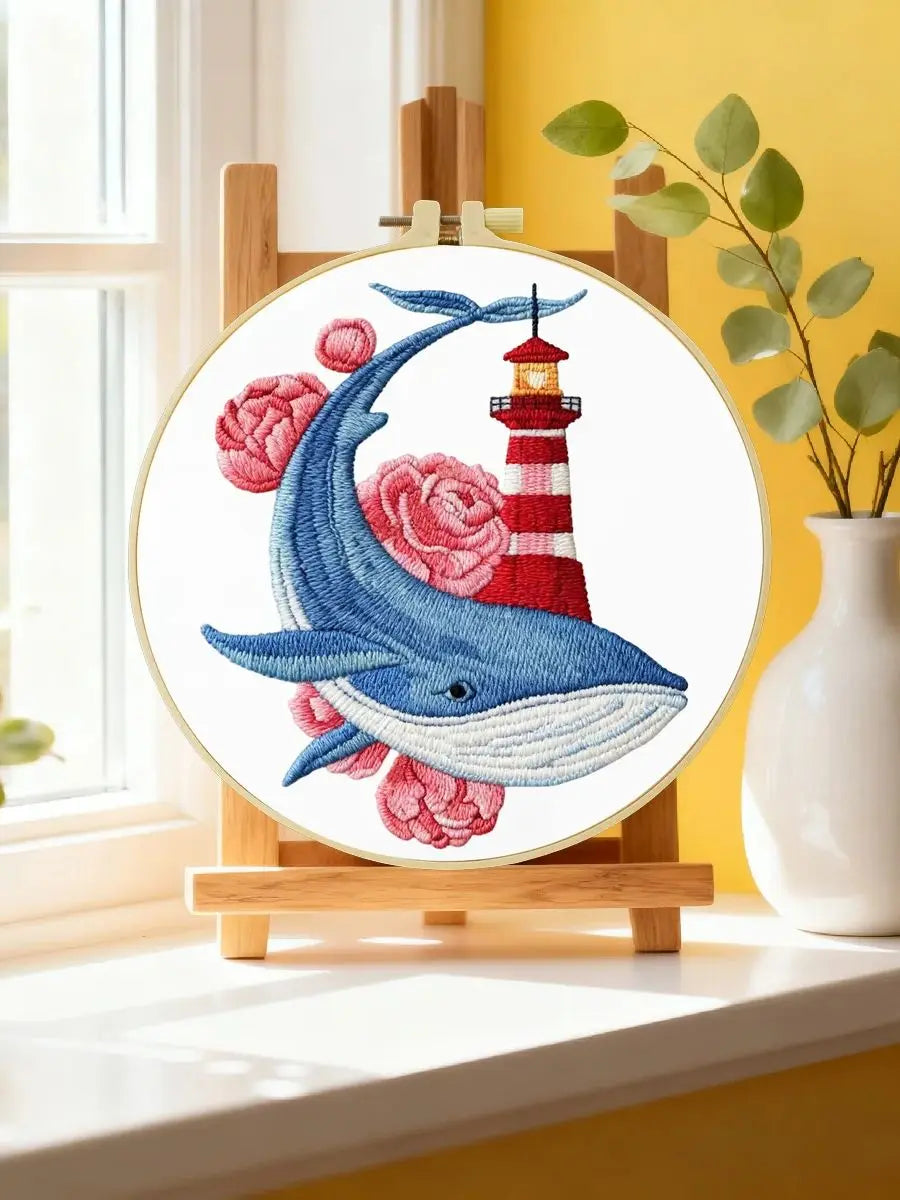 Whale & Lighthouse Embroidery DIY Kit – Nautical Ocean Animal Hand Stitching Craft with Hoop & Threads
