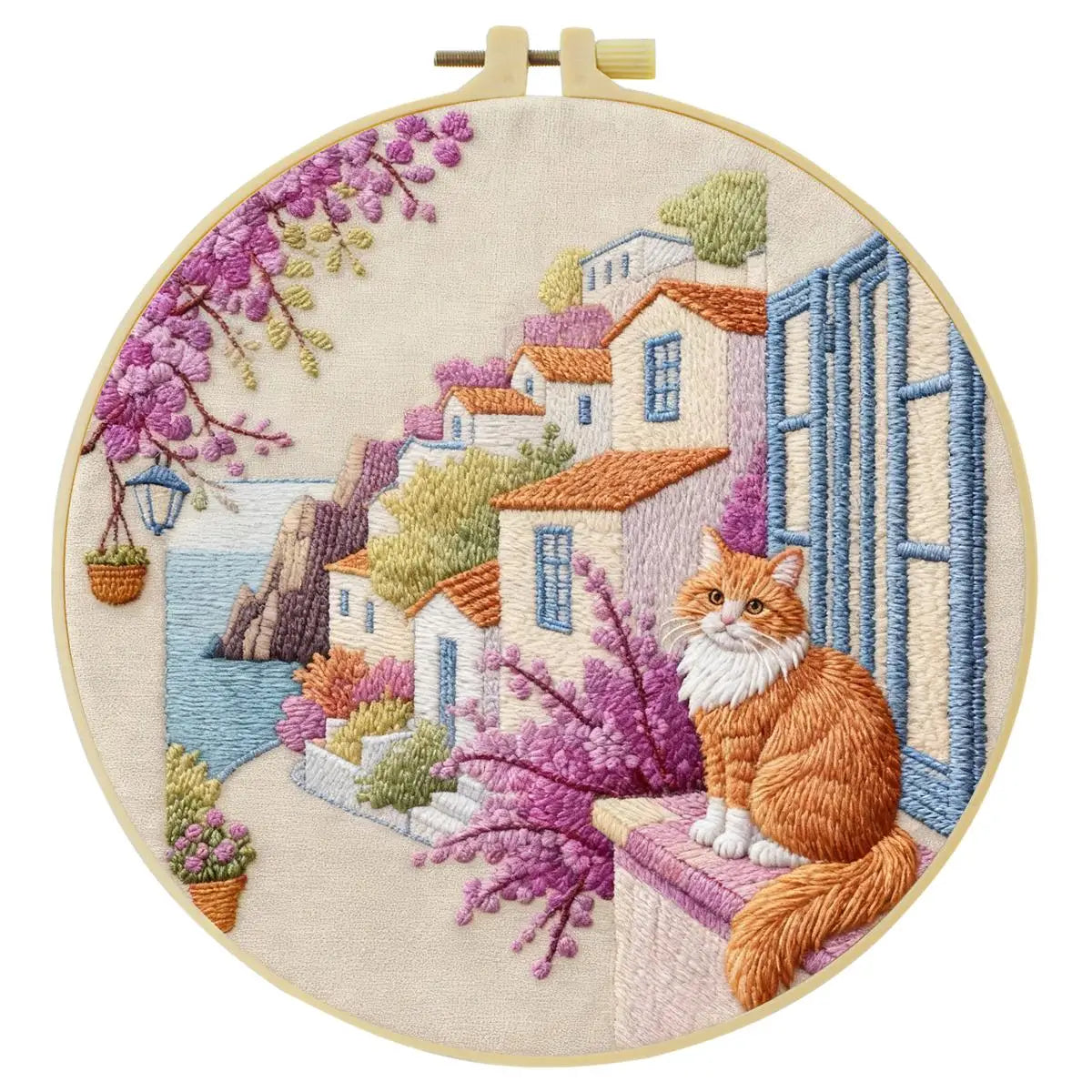 Mediterranean Cat Village Embroidery Kit – Scenic Coastal DIY Hand Embroidery Hoop Art Set