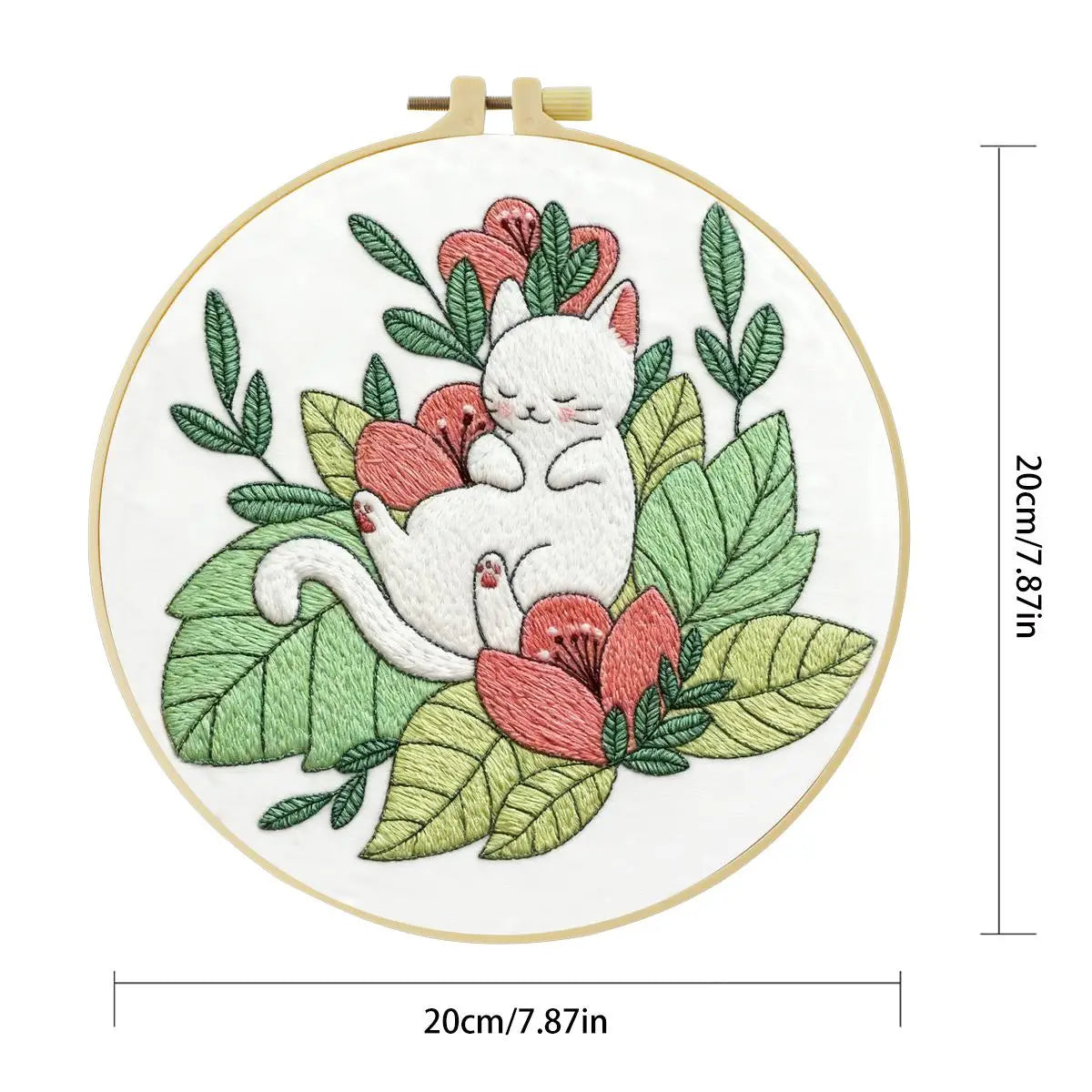 Sleeping White Cat Embroidery Kit for Beginners – DIY Floral Hand Embroidery Hoop Set