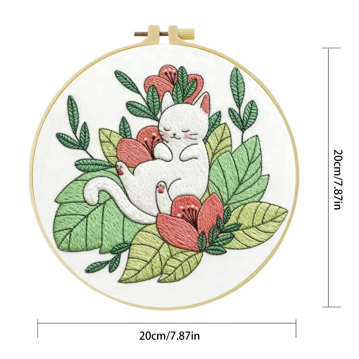 Sleeping White Cat Embroidery Kit for Beginners – DIY Floral Hand Embroidery Hoop Set Kits For Stitchers